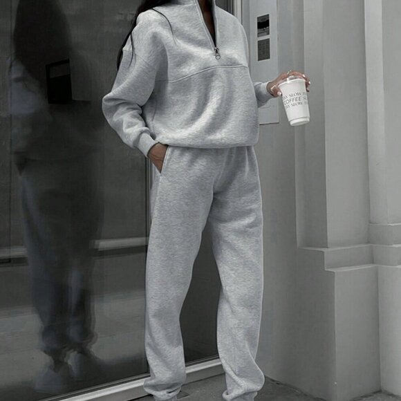 Grey Casual Women's Half Zipper Hoodie And Jogger Pants Two Piece Set - Picture 1 of 7